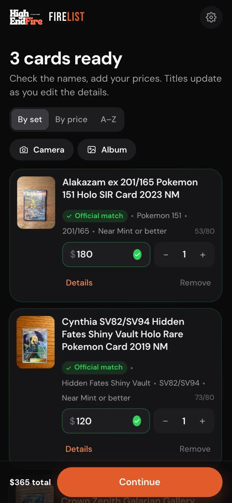FireList on a phone: three Pokémon cards named and priced, ready to list